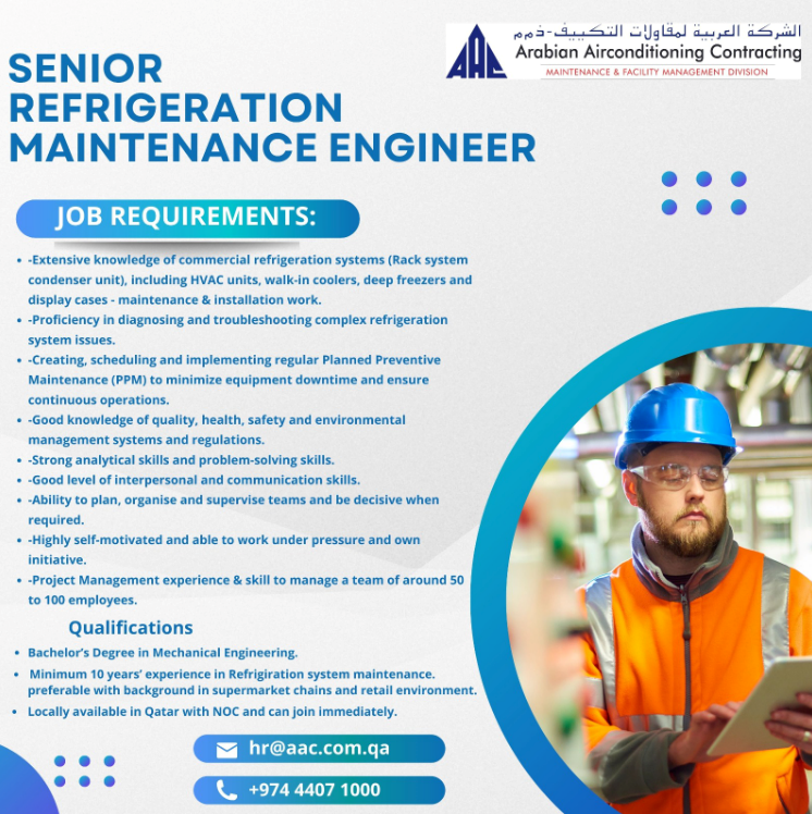 ArabianMEPQatar's tweet photo. We are Hiring!

Senior Refrigeration Maintenance Engineer
(Local Available Candidates with NOC, can join immediately)

e-mail: hr@aac.com.qa (44071000) https://t.co/8XJMMO9EoP