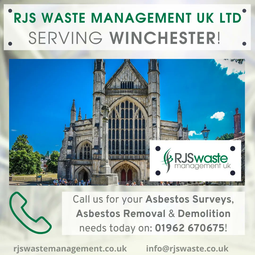 RJS Waste Management serving you in #Winchester!

We can help you with:
• #HazardousWasteManagement
• #StripOutWorks  
• Soil Contamination Removal
• Bird &amp; Bat Guano Removal
• Asbestos Surveys &amp; Asbestos Removal 

Call 01962 670675 for a free quote buff.ly/3yh7uDt