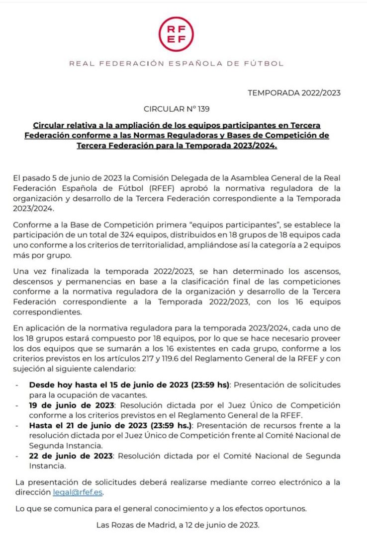 NOTICIAS | 3ªRFEF
Tras la circular 139 RFEF, donde se insta  a solicitar las plazas vacantes en 3ª RFEF, anunciamos que ya hemos solicitado dicha plaza en base al mejor derecho deportivo y al articulo 217, que nos hace merecedores de dicha plaza.
#UnDescensoSiempreEsUnDescenso