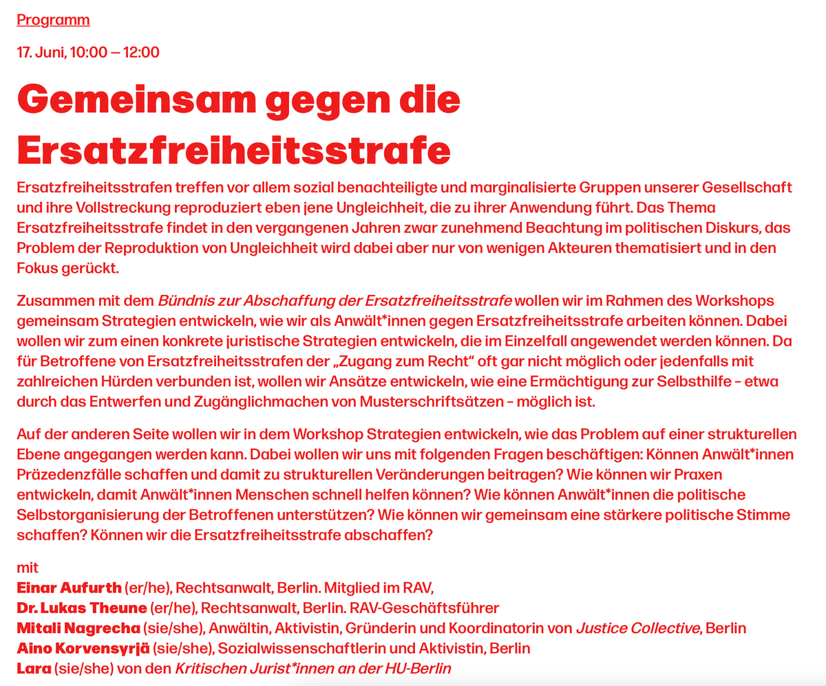 Wir freuen uns, beim <a href="/rav_gs/">RAV</a> Kongress am Samstag diesen Workshop mitzugestalten! Es geht unter anderem darum, Strategien zu entwickeln, wie das Problem #Ersatzfreiheitsstrafe auf struktureller Ebene angegangen werden kann.

rav-kongress.de/veranstaltung/…