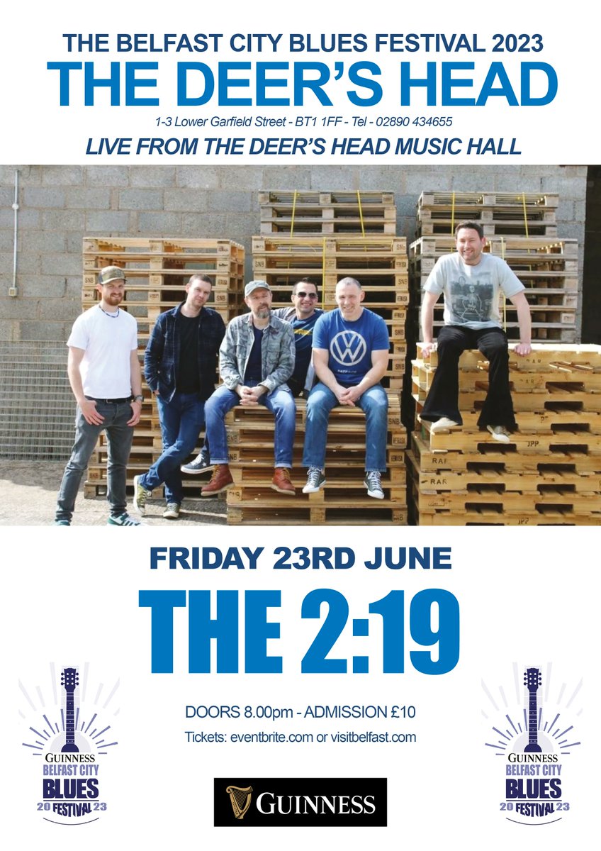 "🎶🎸 Join us at the Belfast City Blues Festival for an unforgettable night of music! 🎉 Excited to announce the debut of 2:19 band, taking the stage at Deer's Head Music Hall on Friday, June 23rd at 8pm. 🎟️ Grab your tickets now at Eventbrite buff.ly/42VGN6T !