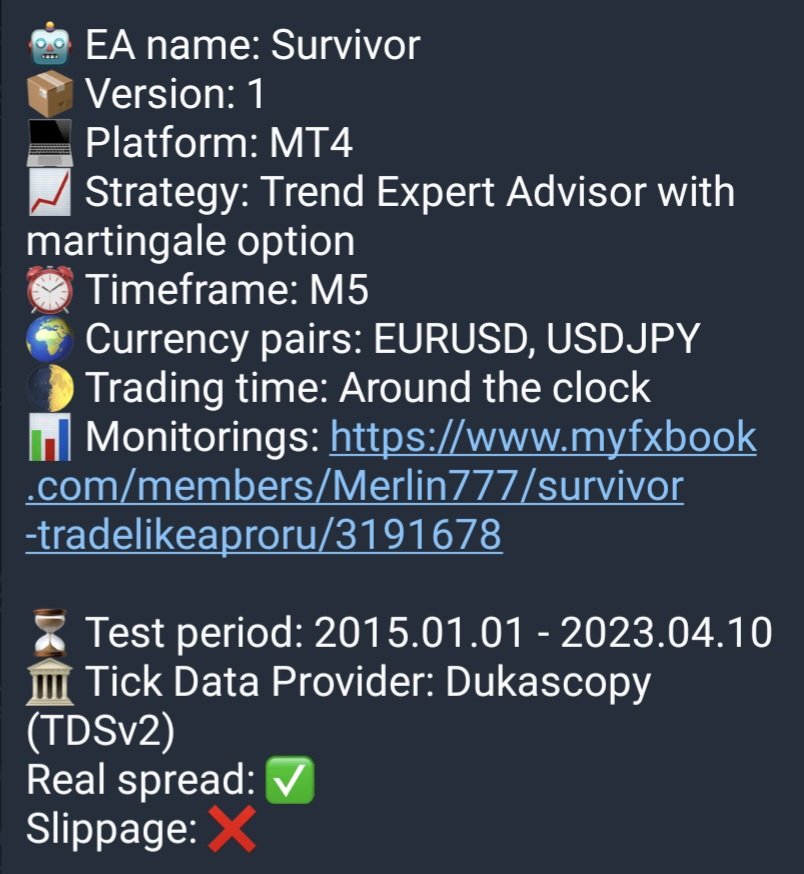 EA_ForexLAB's tweet photo. 🤖 EA name: Survivor
📦 Version: 1
💻 Platform: MT4
📈 Strategy: Trend Expert Advisor with martingale option
⏰ Timeframe: M5
🌍 Currency pairs: EURUSD, USDJPY
🌓 Trading time: Around the clock
🏛 Tick Data Provider: Dukascopy (TDSv2)

Download 👇
https://t.co/lQ25iUS17l https://t.co/nAcCf3xCsF