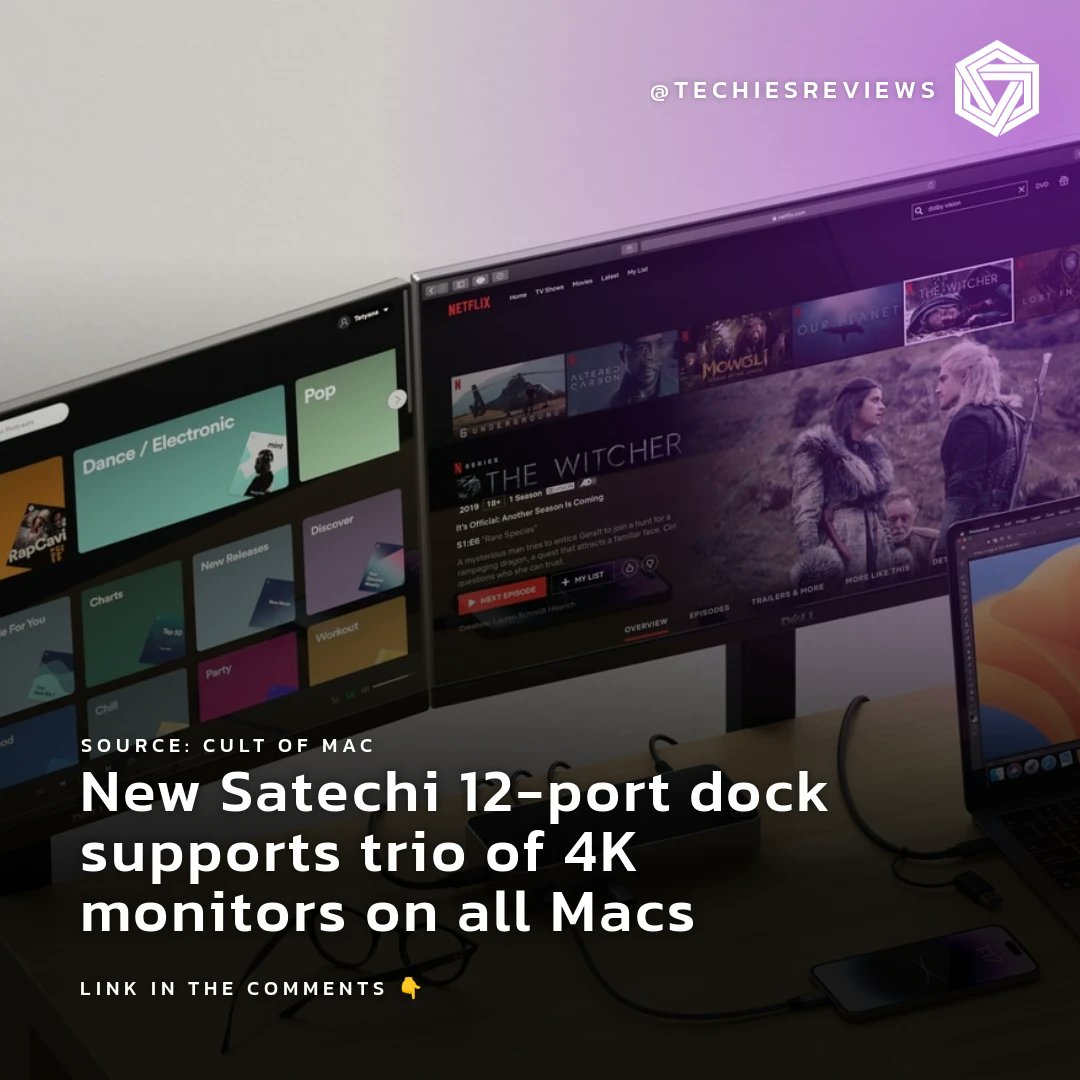 techiesreviews's tweet image. Hey techies! 🔥 Cult of Mac reveals the new Satechi 12-port dock supporting 3 4K monitors on all Macs! #MacSetup #WorkspaceGoals #TripleMonitor. How would you use a 3-monitor setup?