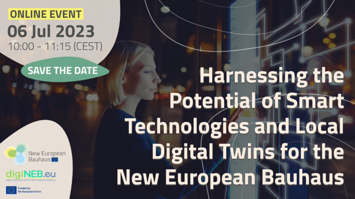 📢 Webinar coming up! 
Join us on July 6th for an exciting and insightful event exploring the potential of #smarttechnologies and local #digitaltwins within the framework of the New European Bauhaus (#NEB) movement. 
Discover how these transformative tools can shape harmonious…