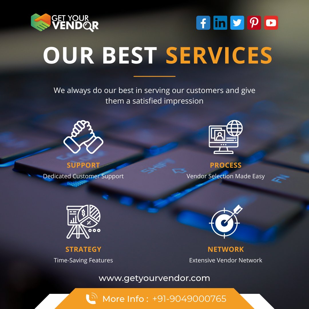 GetYourVendor is proud to offer a comprehensive range of services to support your business needs. Join GetYourVendor for all your service requirements. lnkd.in/ddS4B4zB

Or Call us at +91-9049000765/9049000715

#supportservices #processoptimization #strategicplanning