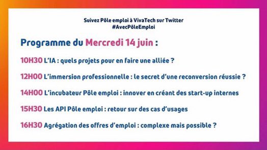 Nous somme présents #AvecPôleEmploi à #VivaTech2023 ! 🥳

RDV sur le compte @pole_emploi pour suivre les #innovations #tech liées à l'#emploi présentées lors du salon et découvrez le programme du jour juste ici ⤵️

<a href="/VivaTech/">VivaTech</a> #VivaTech2023