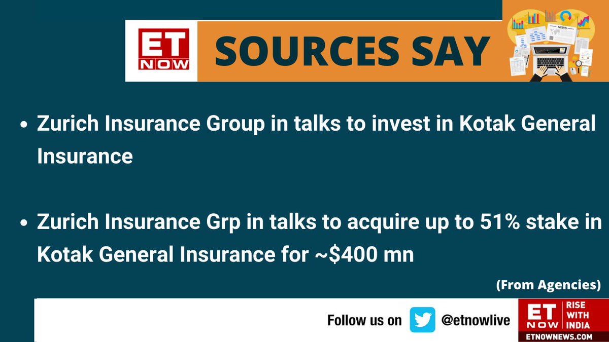 ETNOWlive's tweet image. News Alert | Zurich Insurance Group to invest in Kotak General Insurance? (From Agencies)

#Zurichinsurancegroup #KotakGeneralInsurance @KotakGeneral @Zurich