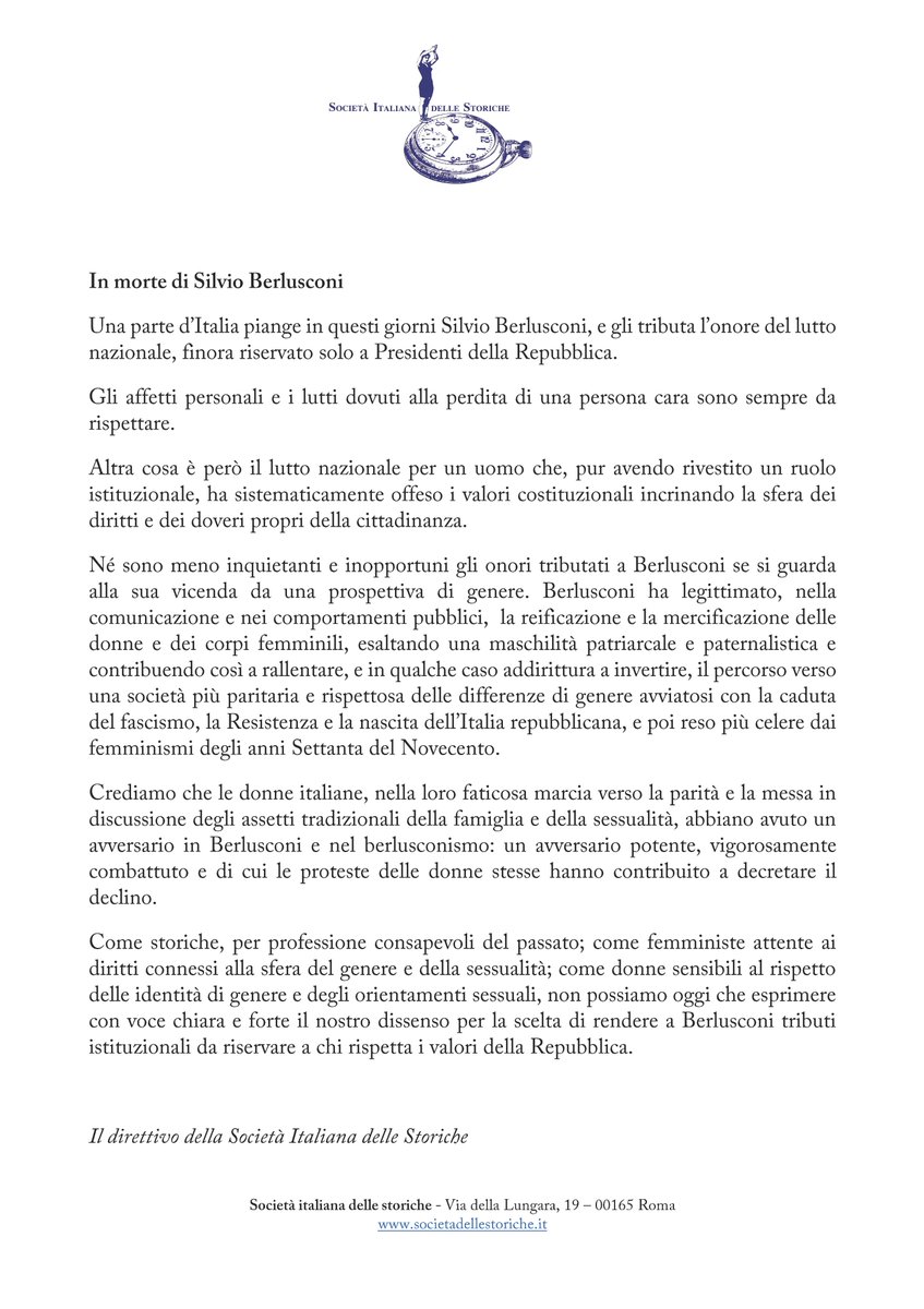 IN MORTE DI SILVIO BERLUSCONI
Comunicato del Direttivo della Società italiana delle storiche
facebook.com/SISstoriche.19…
