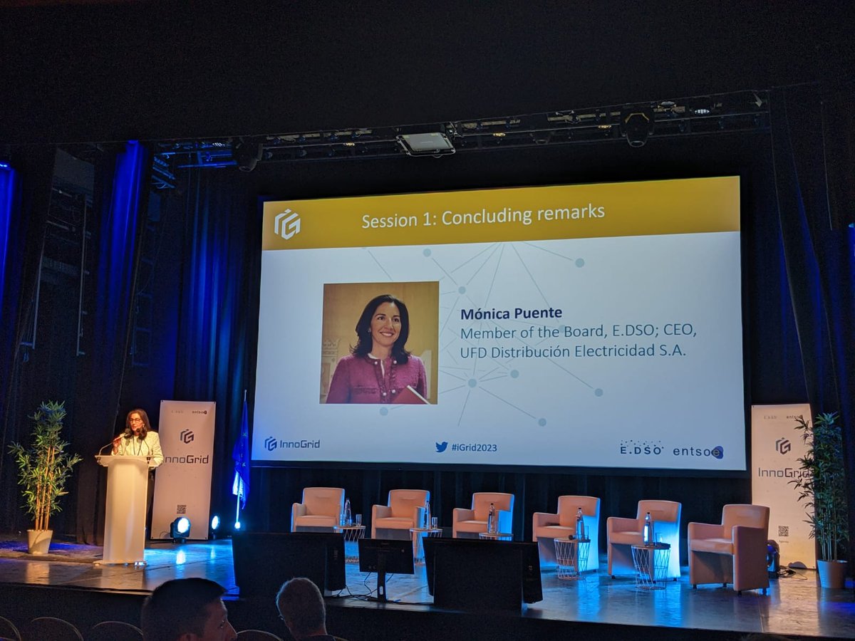 EDSO_eu's tweet image. 📝 #iGrid2023: Mónica Puente, #UFD @Naturgy CEO, remarked that technological innovation is the cornerstone of power system evolution towards electrification, closing Panel Session I.