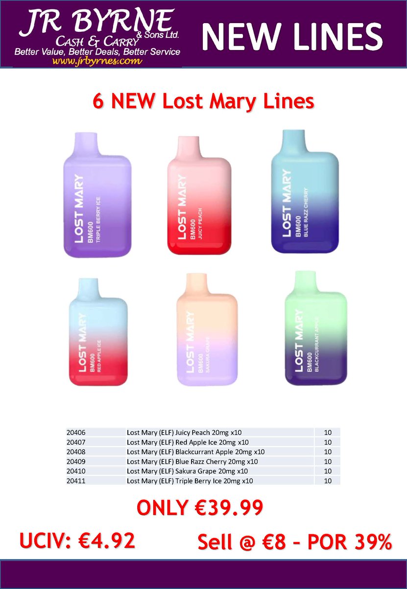 6 New Lines of Lost Mary have just arrived, now available to order on jrbyrnes.com 
#JRByrnes #LostMary #Vapes