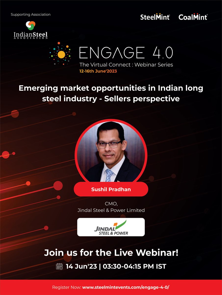 BigMint_Co's tweet photo. #ENGAGE 4.0 #Day3
Session 03 | Emerging market opportunities in Indian long steel industry - Sellers perspective
Time: 03:30 PM (IST)
Watch it live here: https://t.co/KsX8t6jWv2
#ENGAGE4.0 #SteelMintWebinars #WebinarSeries https://t.co/cqpN0mXCGI