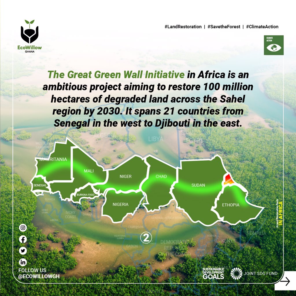 LAND RESTORATION 🌍💚

The Great Green Wall Initiative is an ambitious pan-African project aimed at combating desertification and land degradation across the Sahel region of Africa. 
Read more here >> linkedin.com/posts/ecowillo…
#LandRestoration #United4Land #ClimateJustice #SDGs