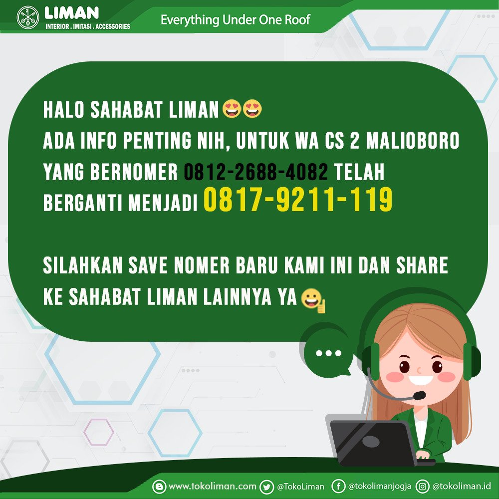 TokoLiman's tweet photo. Halo sahabat Liman 
Ada info penting nih, untuk wa cs 2 Malioboro yang bernomer 0812-2688-4082 telah 
berganti menjadi 0817-9211-119

Silahkan save nomer baru kami ini dan share ke sahabat Liman lainnya ya https://t.co/nJtTKXQgio