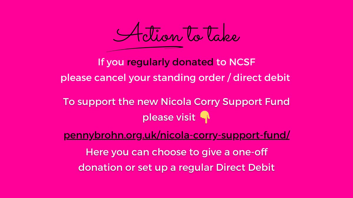 NicolaCorrySF's tweet photo. If you regularly donated to the NCSF, you will need to cancel your standing order/direct debit

You can continue to support families living with cancer by setting up a regular donation to the new 'Nicola Corry Support Fund' within @PennyBrohnUK here 👇

https://t.co/jKSixFBnH2 https://t.co/Y18xo2vbLx