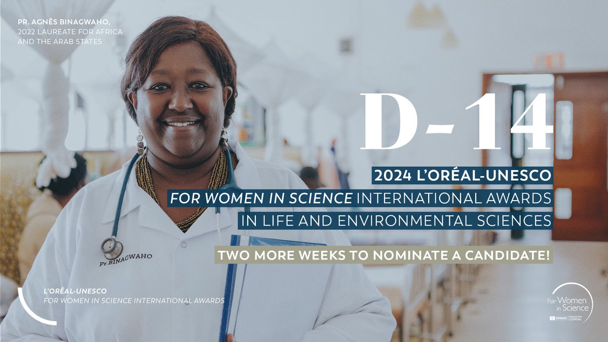 Only two weeks left (June 28, 2023) to nominate candidates for the 2024 L'Oréal-<a href="/UNESCO/">UNESCO 🏛️ #Education #Sciences #Culture 🇺🇳</a> #ForWomenInScience International Awards.

Since 1998, over 127 distinguished #WomenInScience have been highlighted for their groundbreaking work across the world 👉 forwomeninscience.com/challenge/show…