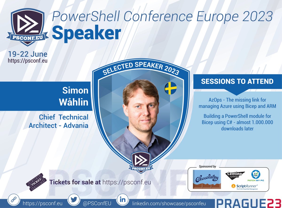 PSConfEU's tweet image. Speaking at #PsConfEU this year will be Simon Wåhlin @SimonWahlin

Come and join us in Prague, Czech Republic. June 19-22, 2023
🎫 ▶️ Get your Ticket now psconf.eu
#pwsh #PowerShell #Automation