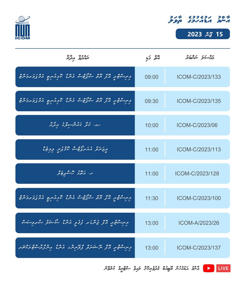 15 ޖޫން 2023 ވާ ބުރާސްފަތި ދުވަހު އޮންނަ އާންމު އަޑުއެހުންތަކުގެ ތާވަލު
