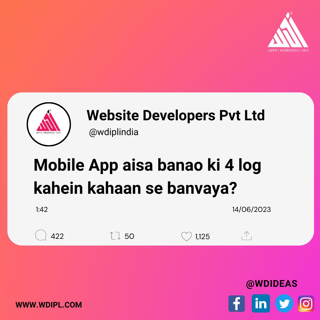 With WDIPL, let people watch your brand grow in the digital landscape. Share this post with your favorite 4 log and ask them to follow us.
#wdipl #digitalagency #SEO #mobileappdevelopment #bestmobileappdevelopementcompany #trends #4log #currenttrend #trending #explore