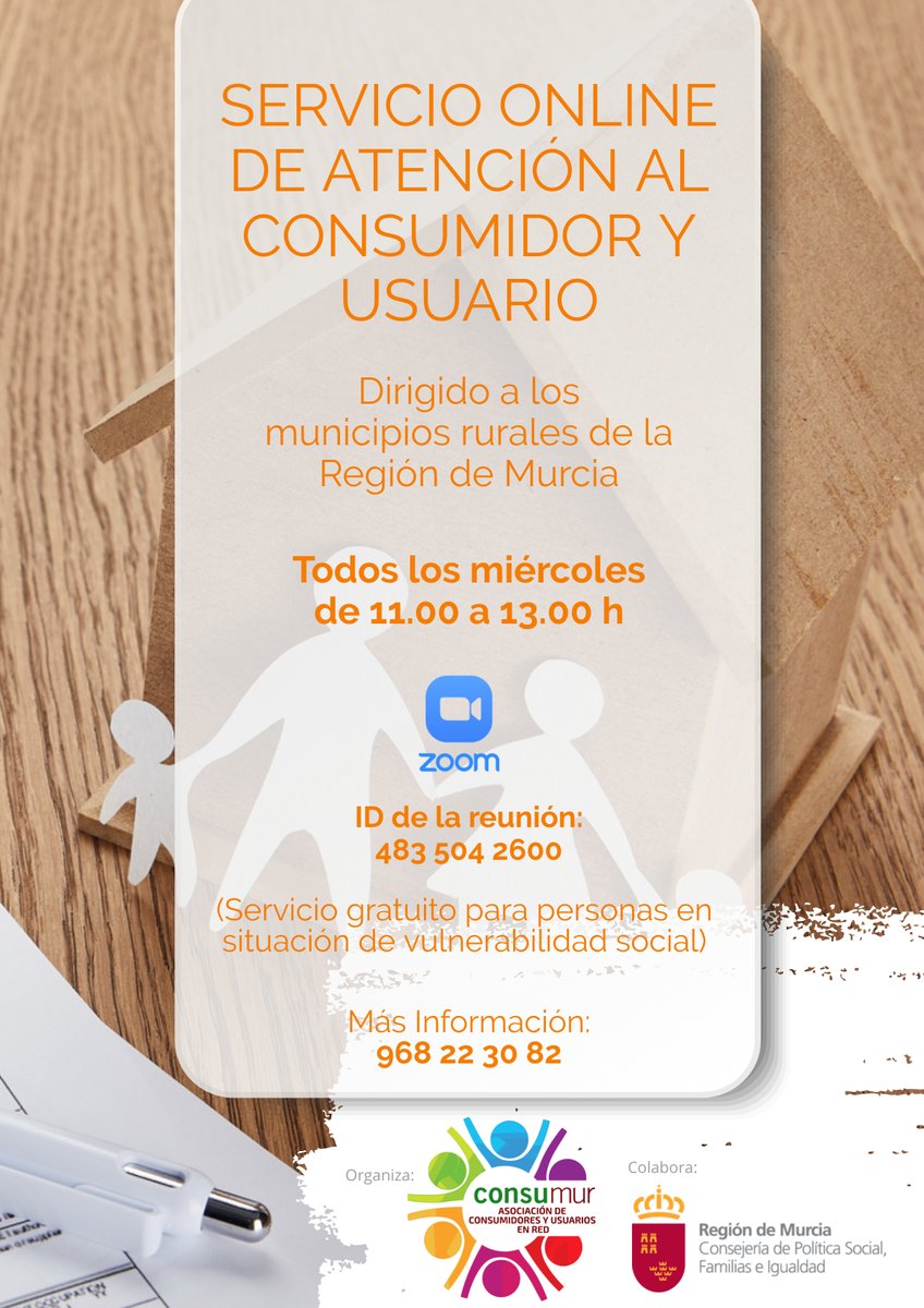 🗣️Porque nuestro objetivo es llegar a todos los consumidores. Atención online y presencial #Serviciodeatenciónalconsumidoryusuariovulnerable Colabora: <a href="/PolitSocialMur/">Consejería de Política Social Familias e Igualdad.</a> Municipios: <a href="/AytoAlbudeite/">Ayto. Albudeite</a> <a href="/AbanillaAyto/">Ayuntamiento de Abanilla</a> <a href="/aytoaledo/">Ayuntamiento Aledo</a> <a href="/Ayto_Campos/">Ayuntamiento Campos Del Río</a> <a href="/Ayto_Moratalla/">Ayuntamiento de Moratalla</a> <a href="/AytoPliego/">Ayuntamiento de Pliego</a> <a href="/AyunRicote/">ayuntamiento ricote</a>