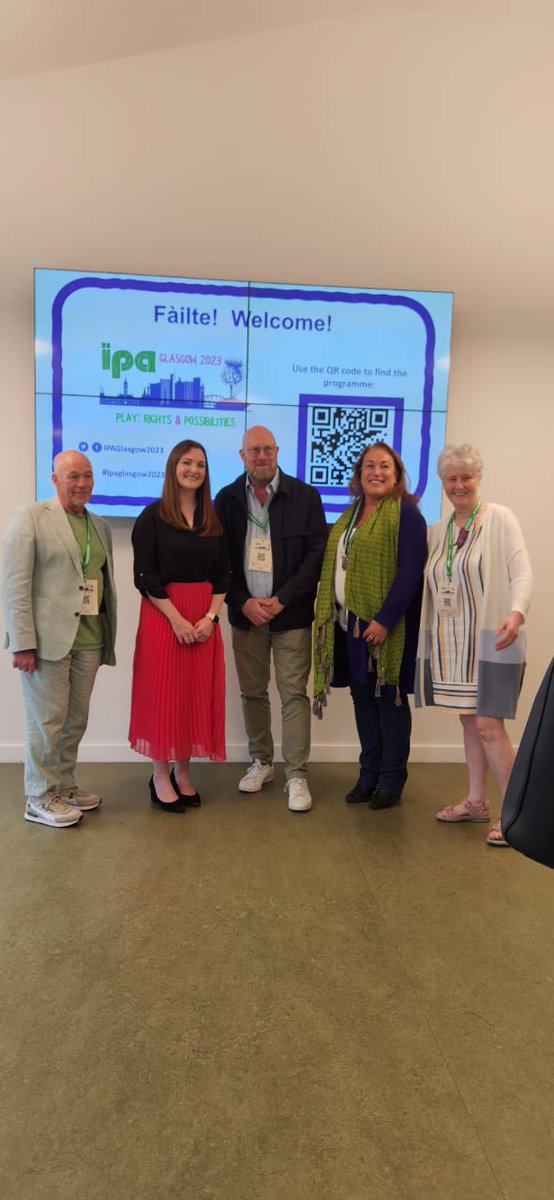 With Natalie Don, Scotland's Minister for Children, Young People and Keeping the Promise, Robyn Monro-Miller, Margaret Westwood, and Tam Ballie at #IPAGlasgow2023 (International Play Association)