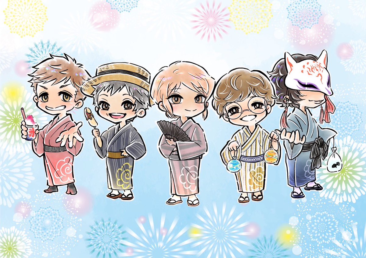 japanese clothes kimono mask fireworks smile multiple boys hand fan  illustration images