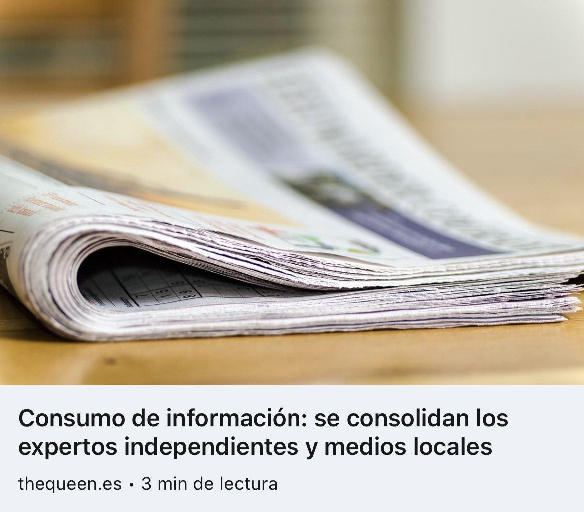 TheQueen_es's tweet photo. 🗞Los expertos independientes se consolidan entre los hábitos de consumo de los españoles, algo que también sucede con la #prensa local, la más creíble.

👩🏼‍💻Conclusiones extraídas del reputado Digital News Report España, elaborado por @fcomunav.

https://t.co/PQGFWNXUpf https://t.co/AeLTSprNZa