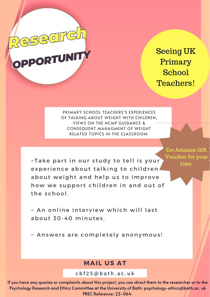 Christabelle Fernandes (@christabellef_) on Twitter photo Are you a primary school teacher?
As part of the Centre for Motivation and Behaviour Change at the <a href="/UniofBath/">University of Bath</a> , weāre conducting a study to explore primary school teacherās opinions on the guidance that accompanies the National Child Measurement Program. Email if interested!! Are you a primary school teacher?
As part of the Centre for Motivation and Behaviour Change at the <a href="/UniofBath/">University of Bath</a> , weāre conducting a study to explore primary school teacherās opinions on the guidance that accompanies the National Child Measurement Program. Email if interested!!