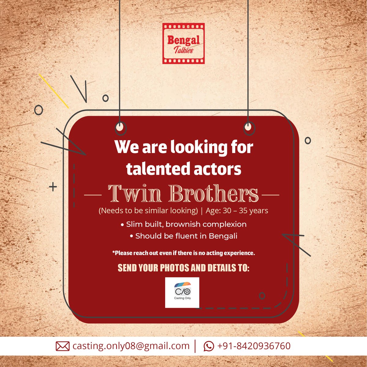 #AuditionAlert

If you are interested in being part of one of the biggest films of Bengali Film industry, send your portfolio today.
𝐌𝐚𝐢𝐥 𝐢𝐝: 𝐜𝐚𝐬𝐭𝐢𝐧𝐠.𝐨𝐧𝐥𝐲𝟎𝟖@𝐠𝐦𝐚𝐢𝐥.𝐜𝐨𝐦
𝐖𝐡𝐚𝐭𝐬𝐀𝐩𝐩: +𝟗𝟏-𝟖𝟒𝟐𝟎𝟗𝟑𝟔𝟕𝟔𝟎