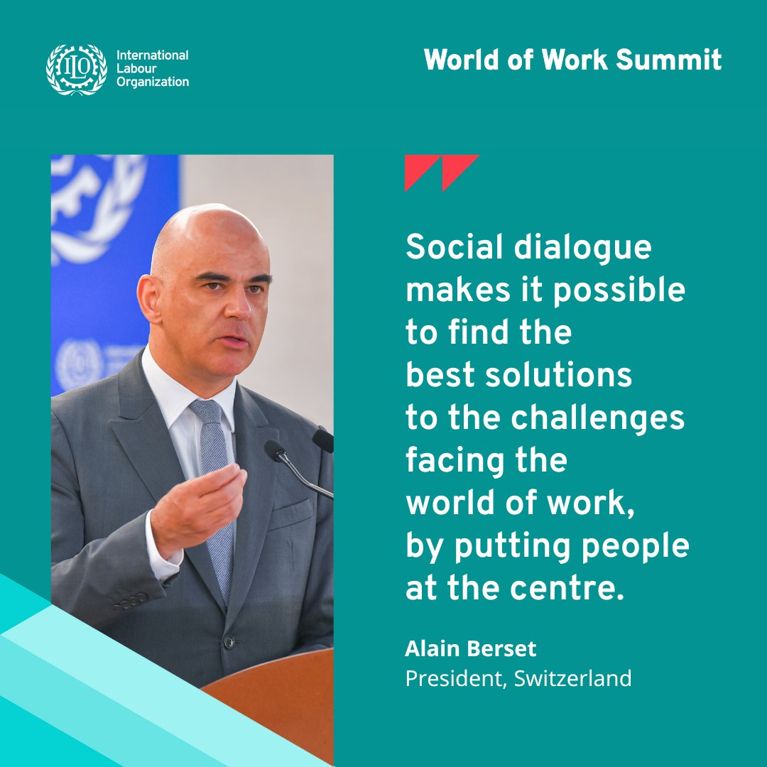 President of Switzerland @AlainBerset focused on #SocialDialogue to achieve #SocialJusticeForAll in his address to the World of Work Summit at #ILC2023