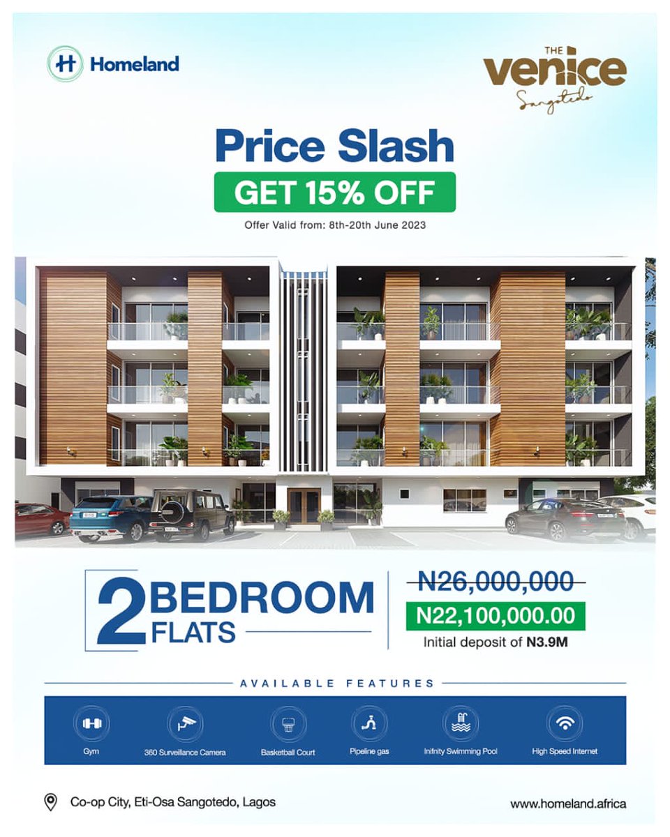 OFandane's tweet photo. *Still ongoing is Venice 15% discount prices*

👉🏼 *THE ENZO 5 BEDROOM SEMI DETACHED DUPLEX - N55,250,000* 

👉🏼 *GIA TERRACES 4 BEDROOM TERRACE  - N45,050,000* 

👉🏼 *CAPRI APARTMENT - 3 BEDROOM FLATS - N25,500,000* 

👉🏼 *GIONA APARTMENT - 2 BEDROOM FLATS - N22,100,000* https://t.co/U7aaxGh42u