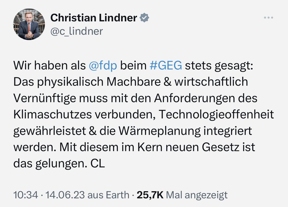 Ausstieg aus klimaschädlichen fossilen Heizungen verschoben, Regulierung durch Wegdelegieren auf 2028 vertagt, Folgekosten für Öl- und Gaskunden verschleiert und effektiven Klimaschutz verhindert. NICHTS davon kann man als 'gelungen' bezeichnen.
#heizungsgesetz #geg #lindner #fdp