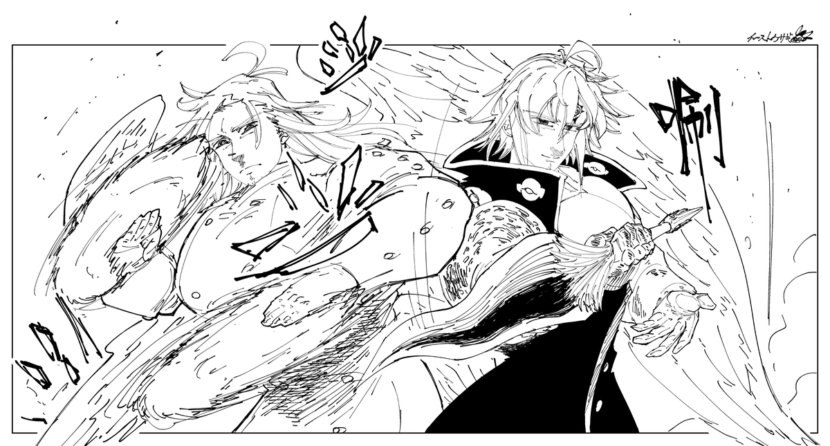 Yggmugen's tweet photo. ?? this supposed to be me drawing in Nakaba's art style so I just picked two panels but end up completely different from Nakaba's art style and my own art style ??? https://t.co/UxfMmzJW9s