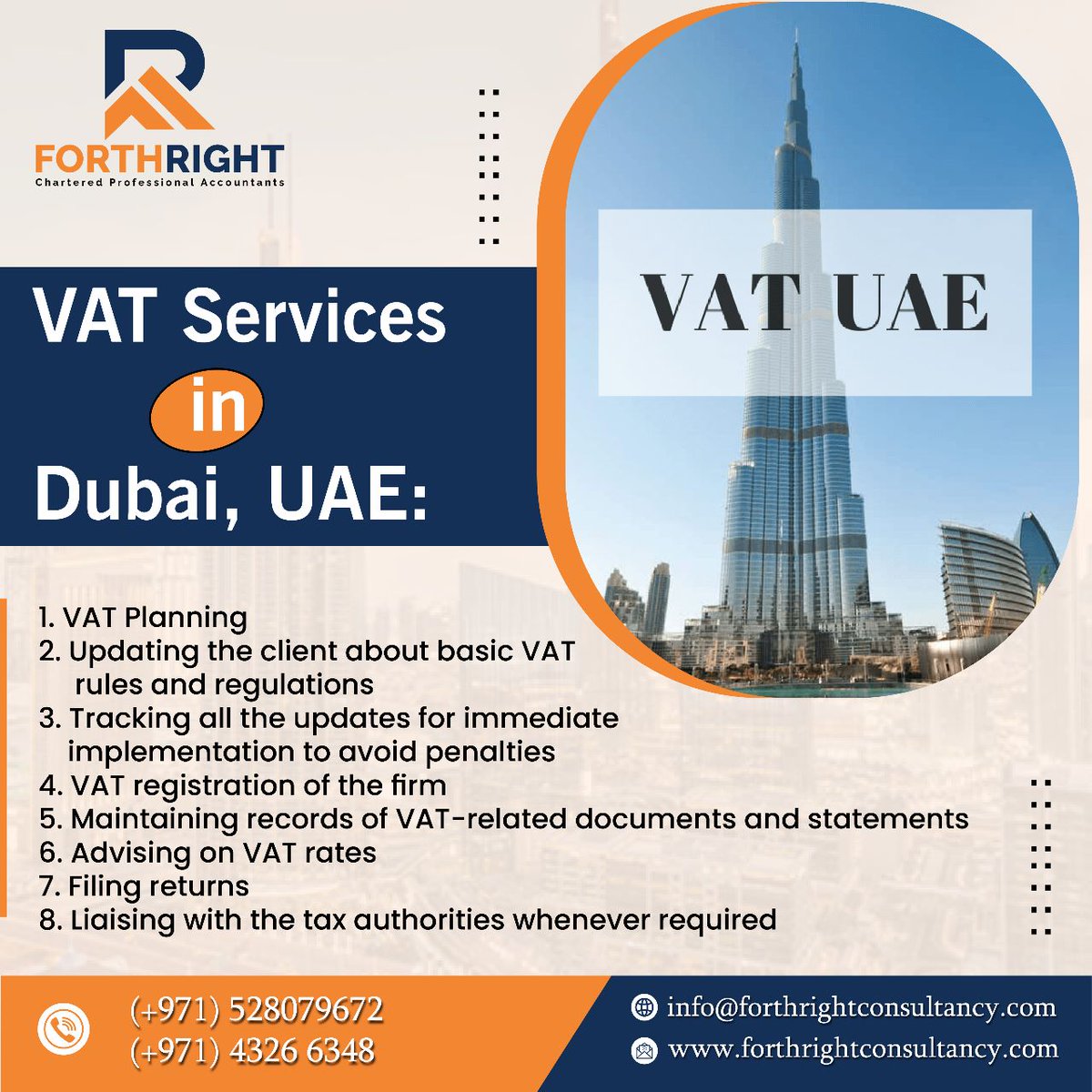 VAT Services in Dubai, UAE:
.
📞Call us now (+971) 43266348, (+971) 52 807 9672
.
.
#forthrightcompany #forthrightconsultancyinuae #vatplanning #government #uae #corporatetax #taxrateupdates #forthrightconsultancy #dubailife #ESRDubai #uaetax #viralpage #tradelicensedubai