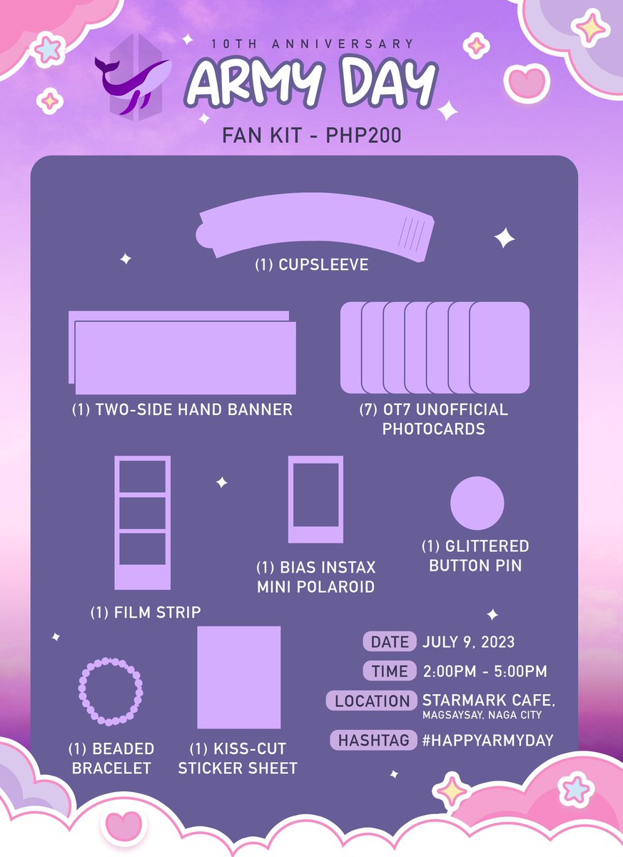 UPDATE‼️

It's our 10th year, ARMY! Get ready to celebrate with us in Naga City! 💜

🗓️ July 9, 2023 | Sunday
⏰ 2:00 PM onwards
📍 Starmark Café Magsaysay
💸 ₱200 | PAYO
🔗 forms.gle/eBfeDKs8c4G2qq…