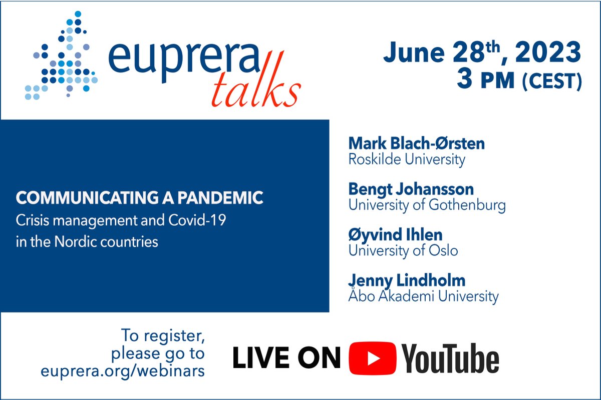 SAVE THE DATE! 

on June 19 don't miss our #EUPRERAtalks titled: "Communicating a pandemic. Crisis management and Covid-19 in the Nordic countries"

Live on our YouTube channel! 

Info and registration 👉 buff.ly/3WXrLv5 

#webinar #covid19 #crisismanagement