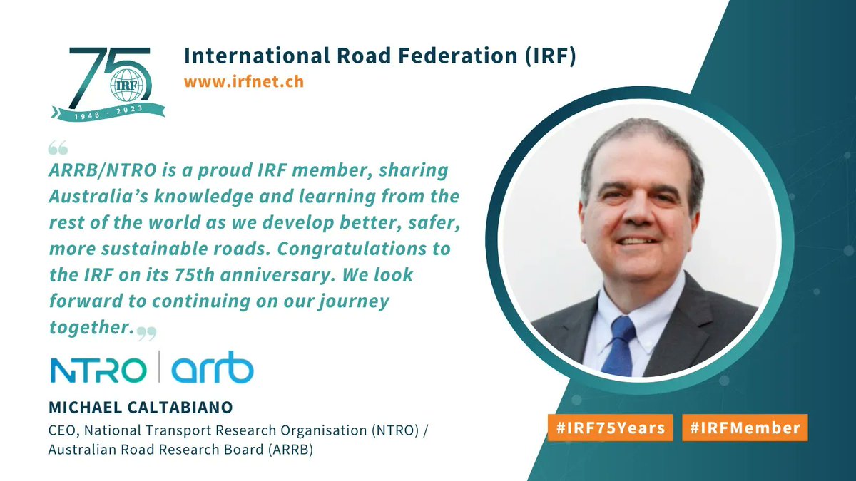 A heartfelt thank you to <a href="/ARRBGroup/">Australian Road Research Board</a> / NTRO for its kind words on IRF 75th Anniversary. We are grateful to have such an important organisation by our side. #IRF75Years #IRFMember

Learn more about IRF 75th celebrations 👉 buff.ly/3O9SwKJ
