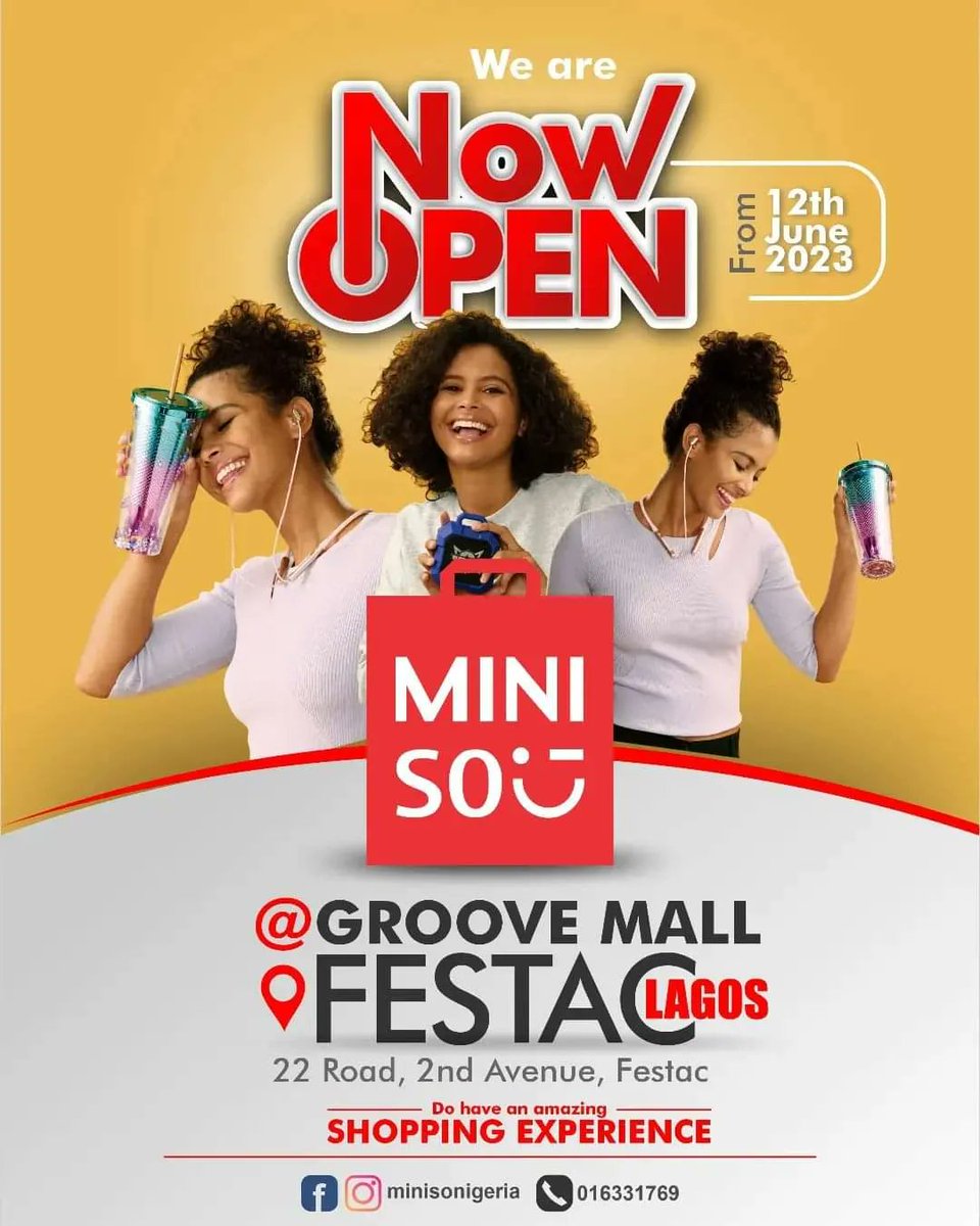 Exciting news! Miniso Nigeria is now open at Groove Mall Festac! 💃💃💃

Visit Miniso at Groove Mall Festac today and indulge in a shopping experience that combines affordability and quality. 🤩🤩

#MinisoNigeria #GrooveMallFestac  #ShopInStyle #festacshoppers