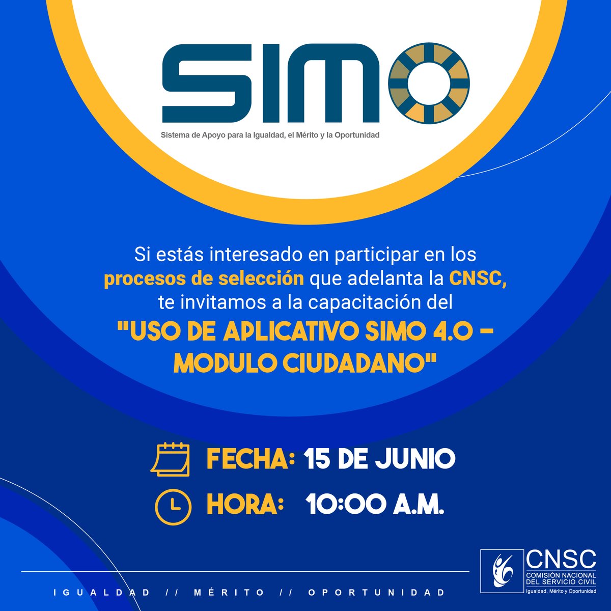 CNSCColombia's tweet photo. 📢 Mañana 15 de junio de 2023 a las 10 A.M, realizaremos la capacitación "Uso aplicativo SIMO 4.0 - Modulo Ciudadano".
💻 Invitamos a funcionarios y ciudadanos interesados en participar a conectarse a través del siguiente enlace ➡️ https://t.co/w3tFxbejsO https://t.co/IxOYFhaeng