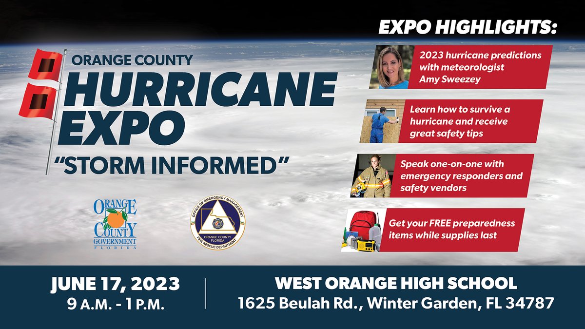 The Orange County Hurricane Expo is this Saturday! Arrive early and meet with emergency first responders, hear from Meteorologist Amy Sweezy plus get FREE preparedness items.

📅 Saturday, June 17, 2023
🕘 9 A.M. - 1 P.M.
🏫 West Orange High School
🌀 ocfl.net/storm