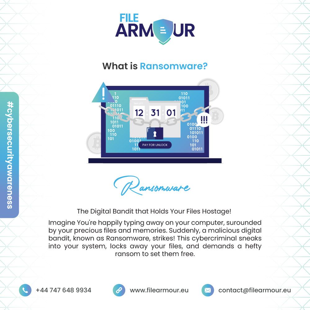 FileArmour's tweet photo. Ransomware: The digital bandit that holds your files hostage! 
Imagine happily typing on your computer, surrounded by precious files. Suddenly, Ransomware strikes! This cybercriminal locks away your files and demands a hefty ransom for their release.
#filearmour #Ransomware #data https://t.co/ZC5TrUIek2