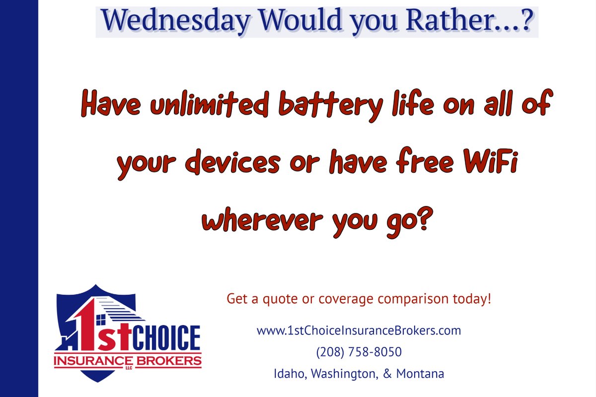 Are you ready for Wednesday Would you Rather? 

#wouldyourather #or #orthat #choices #life #thisorthat #this #that #wouldyouratherthis #thisthat #wouldyoudrather  #thisorthat #1stChoiceInsurance #Love #follow #Comment #foryou #forfun #Idaho #Washington #Montana #Idaho #Texas