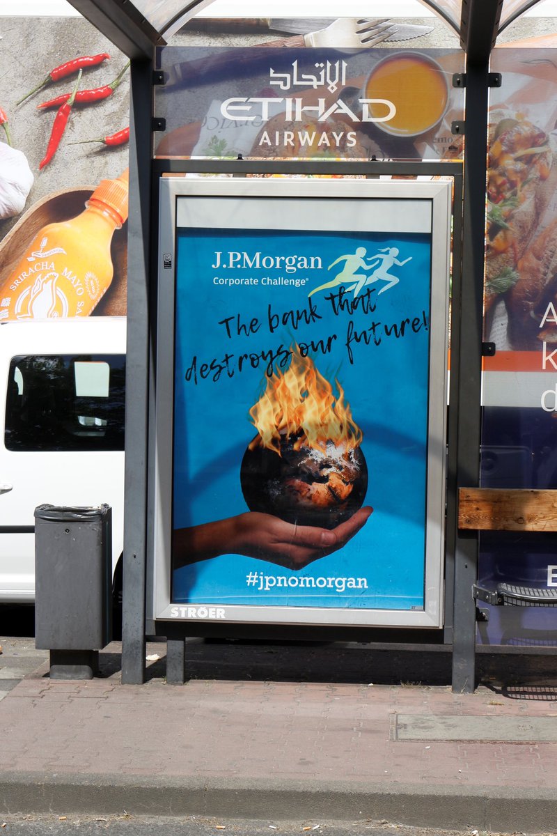 Just in time for the big corporate run #jpmorganrun in Frankfurt, advertisements of the dirtiest bank in the world are displayed all over the city.

#jpmcc
#jpnomorgan
#jpmorgancorporatechallenge

1/3