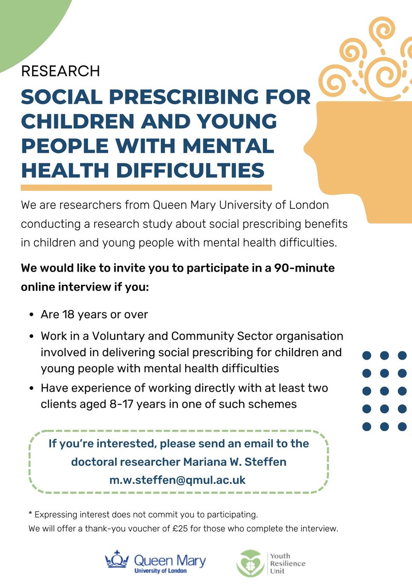 📢 Calling all professionals in social prescribing for children and young people 📢

Our PhD student <a href="/MarianaWSteffen/">Mariana W Steffen</a> is looking for participants for a study on the benefits of social prescribing for children and young people with mental health difficulties.