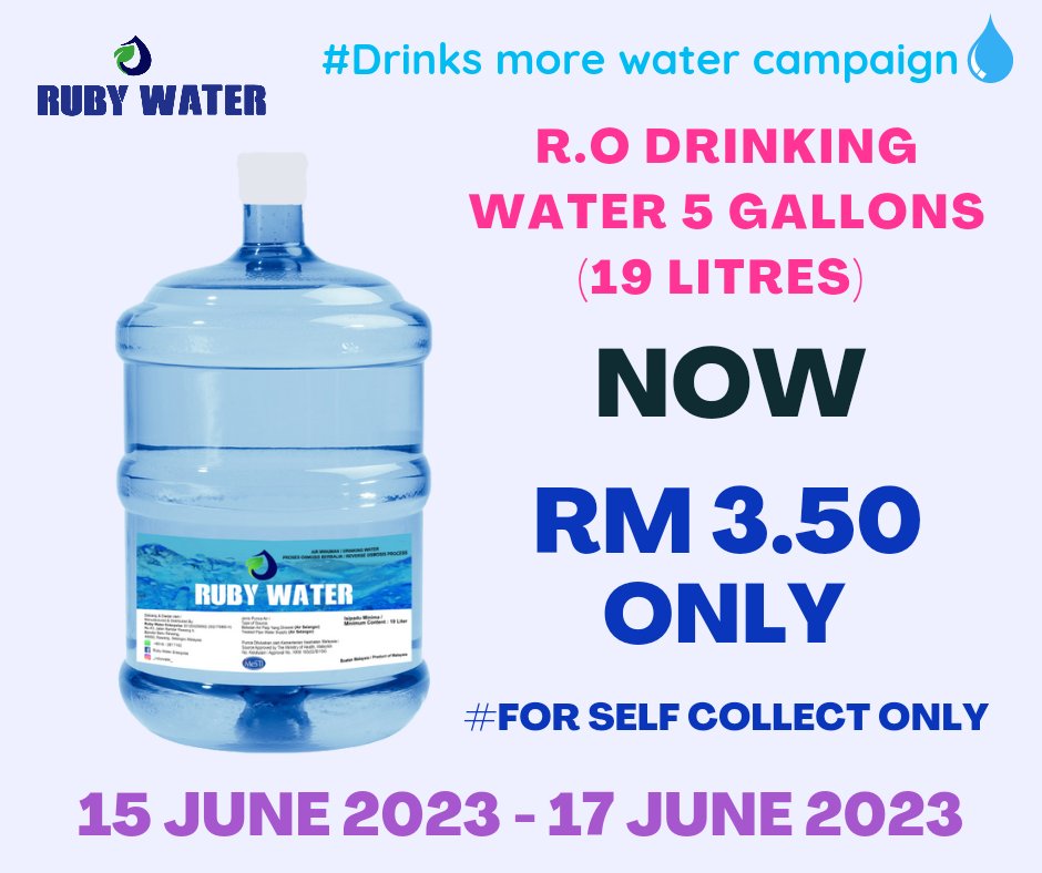 RubyWater_'s tweet photo. Our #drinkmorewater 💧 campaign starting tomorrow ✨✨

Come to our shop tomorrow to enjoy our special price offer for drinking water 😉

Offer started from 15 June 2023 - 17 June 2023 🌸

#drinkingwater #airminuman #klangvalley
#rawang #bukitberuntung #gombak #selayang https://t.co/1poRbuXPpl