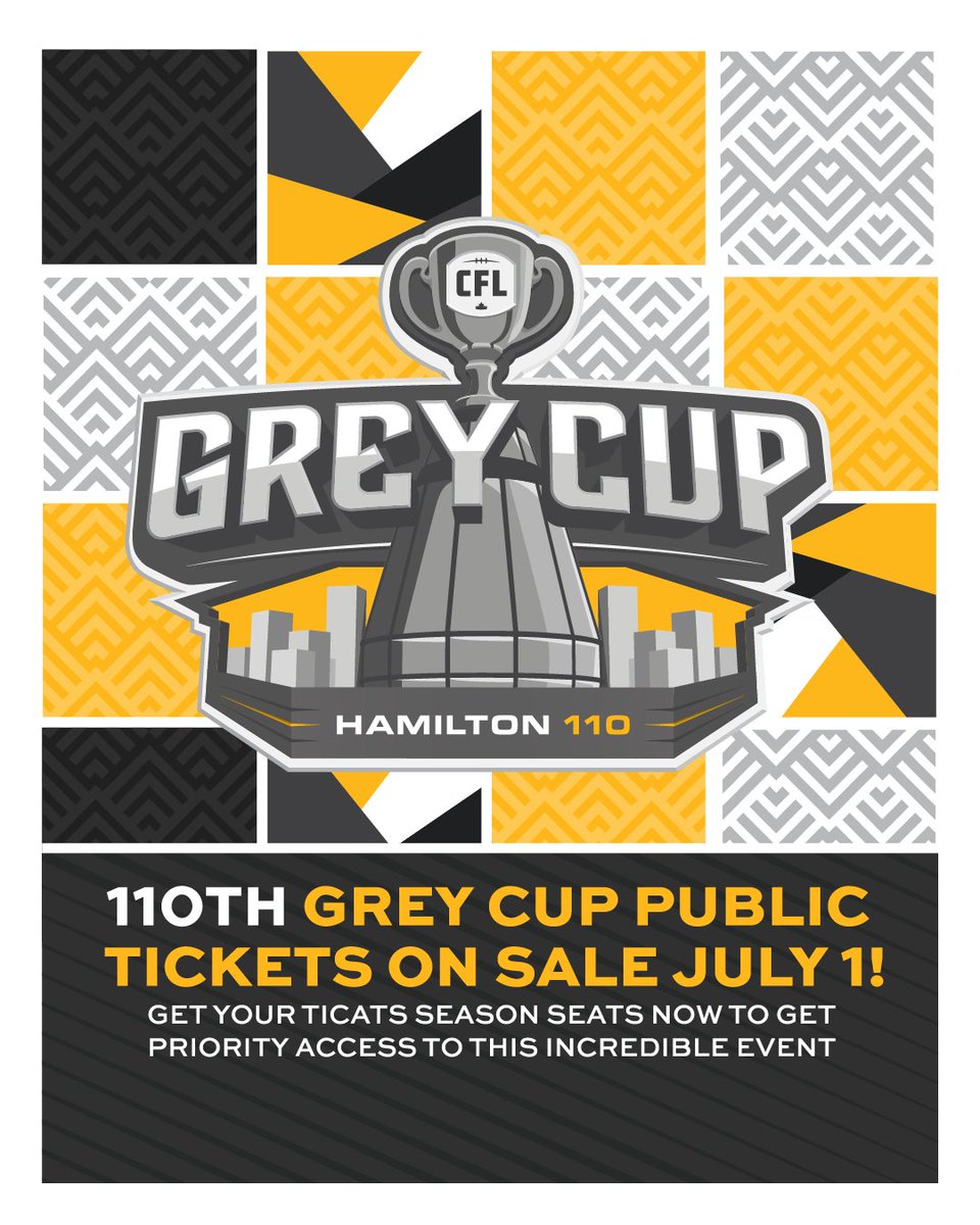Ticats's tweet photo. Get your tickets for the 110th Grey Cup in #HamOnt! 🏆🏈

Ticats Season Seat Holders get PRIORITY ACCESS to the biggest sporting event in Canada 🍁

Public tickets on sale: July 1st

💺| https://t.co/OPLDiptqJ3
🏟| https://t.co/PGBCHKnUbC

#Ticats | #CFL https://t.co/hnRDxSUpvF