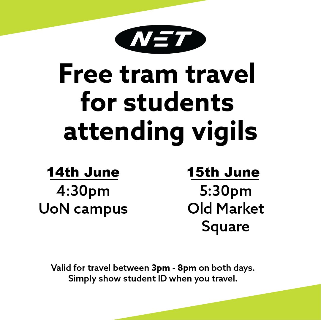 In support of the vigils taking place in the city today and tomorrow, we are providing free tram travel to students attending.

Valid between 3pm-8pm today and tomorrow, simply show your student ID when on board.