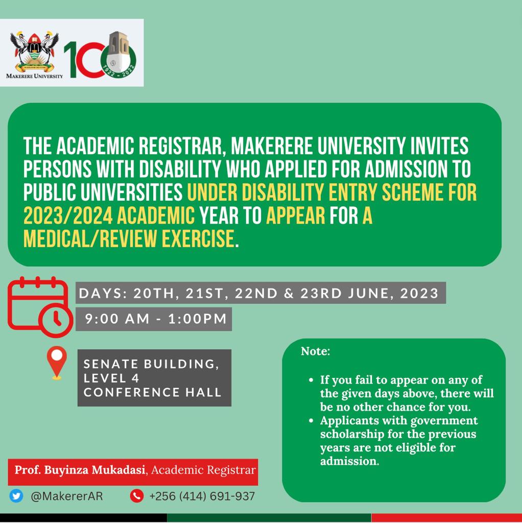 Notice to all applicants who applied under the Disability Entry Scheme for the AY 2023/2024.

What? : Invitation for a Medical Review Exercise

When? : starting 20th, 21st, 22nd,& 23rd June, 2023

Please follow the details below👇