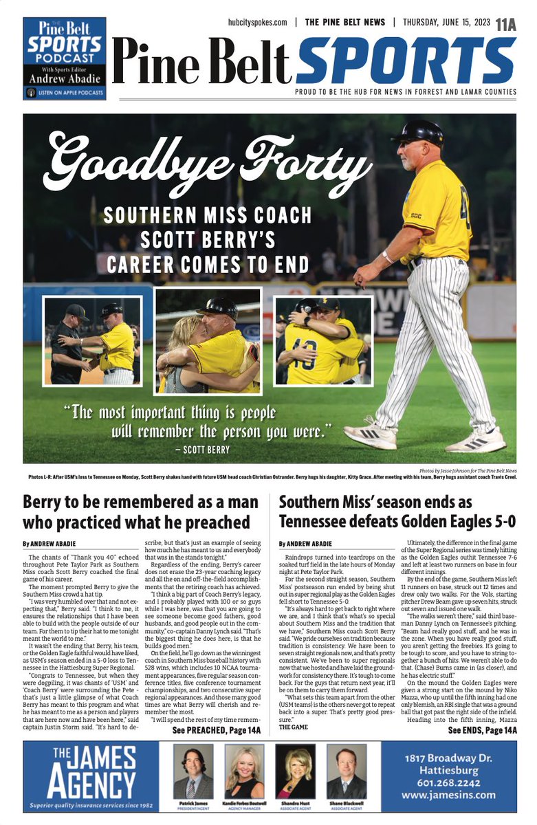 Here is this week’s <a href="/PineBeltSPORTS/">PineBeltSPORTS</a> section. 

<a href="/SouthernMissBSB/">Southern Miss Baseball</a> says goodbye to Scott Berry as his career comes to an end. 

<a href="/APSE_sportmedia/">APSE</a>