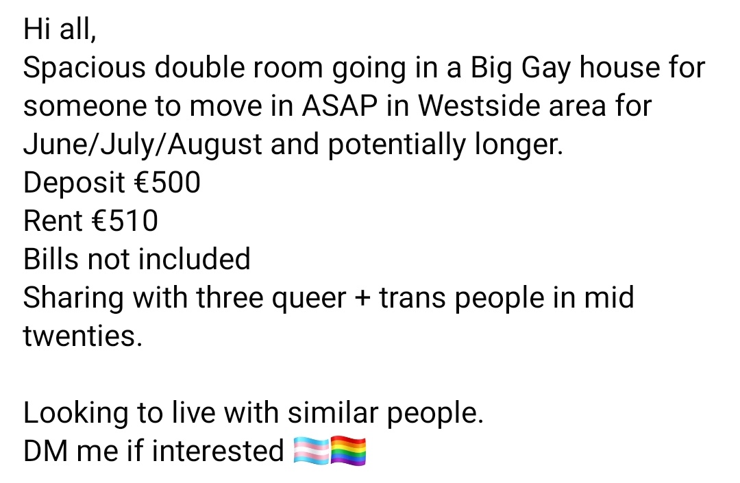 shoresheen's tweet photo. A chairde, me and my Big Gay house in Galway City need a new housemate ASAP so spread the word!! #galwayrentfairy https://t.co/y7UyQvLFDQ
