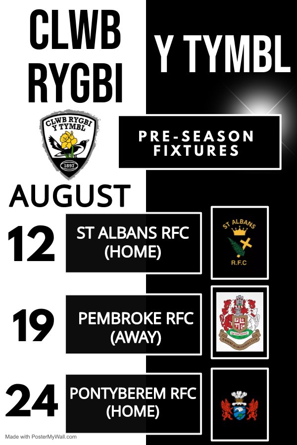 Pre-season fixtures for our Senior Men's squad are announced. 

We welcome St Albans RFC (Cardiff) <a href="/thebunsrfc/">St Albans RFC</a> and our old friends <a href="/PontyberemRFC/">PontyberemRFC</a> to Parc y Mynydd Mawr whilst making a trip down to <a href="/PembrokeRFC/">Pembroke RFC</a>.

#YmlaenYPiod 

⚫️⚪️🏉
